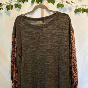 Style & Co. Charcoal Gray Pullover with Printed Rust Floral Sleeves